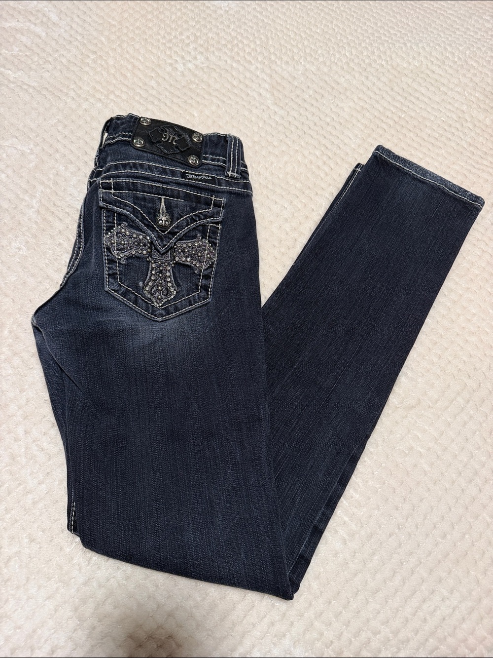 Miss Me Dark Blue Skinny Jeans with Rhinestone Cross Pocket